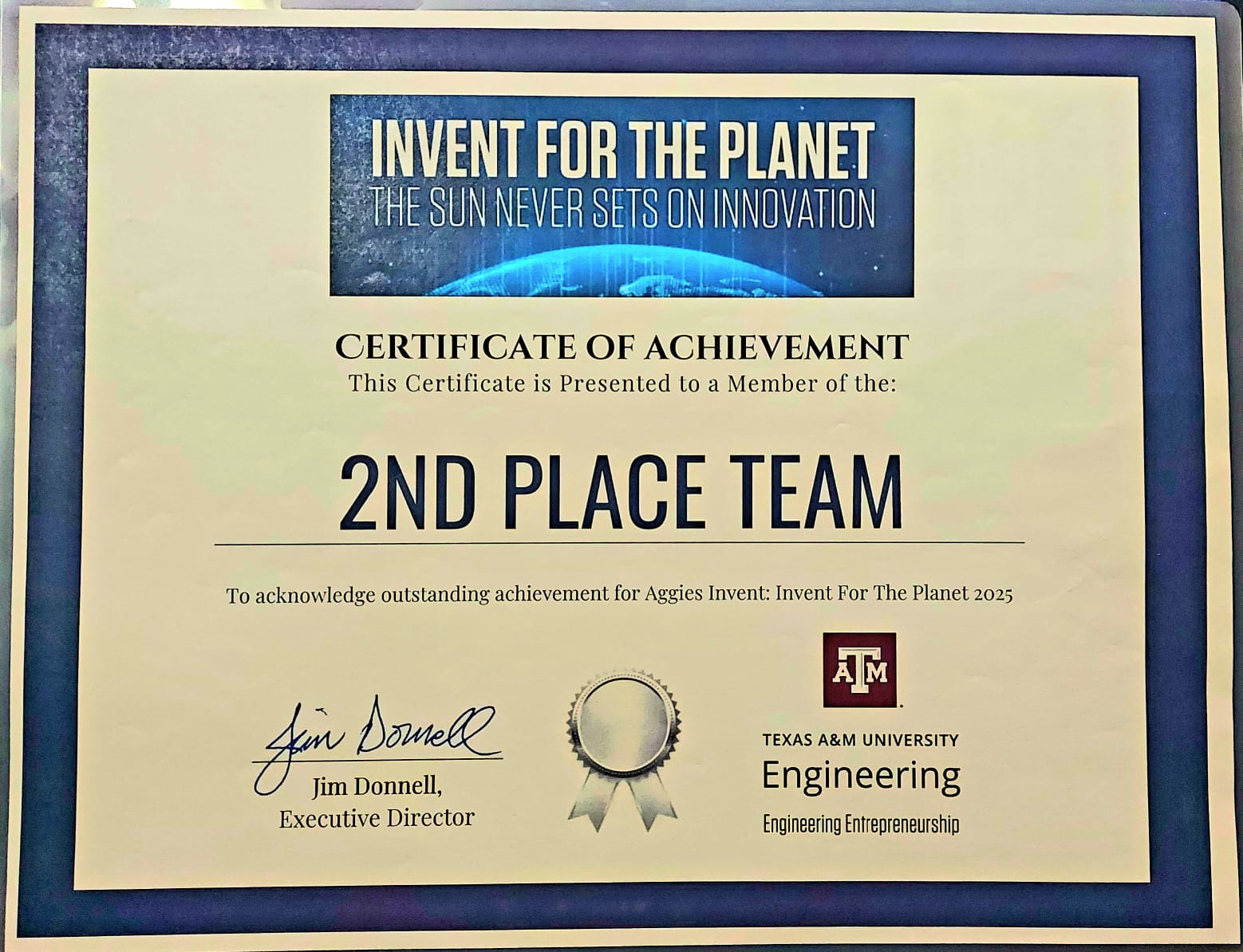 Aggie Invent Certificate - 2nd Place